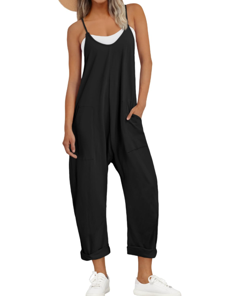 Women's V-neck wide leg jumpsuit featuring adjustable shoulder straps and side pockets
