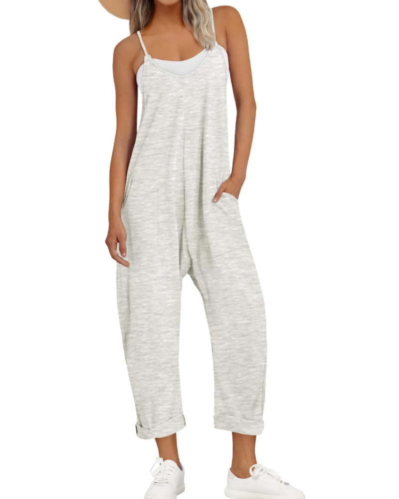 Women's sleeveless jumpsuit with a V-neckline and wide leg silhouette
