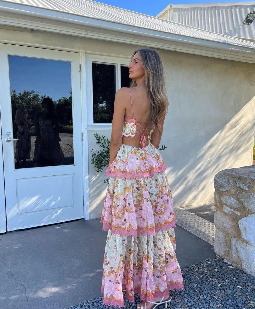 Women's formal maxi dress with lace detailing – three-quarter view