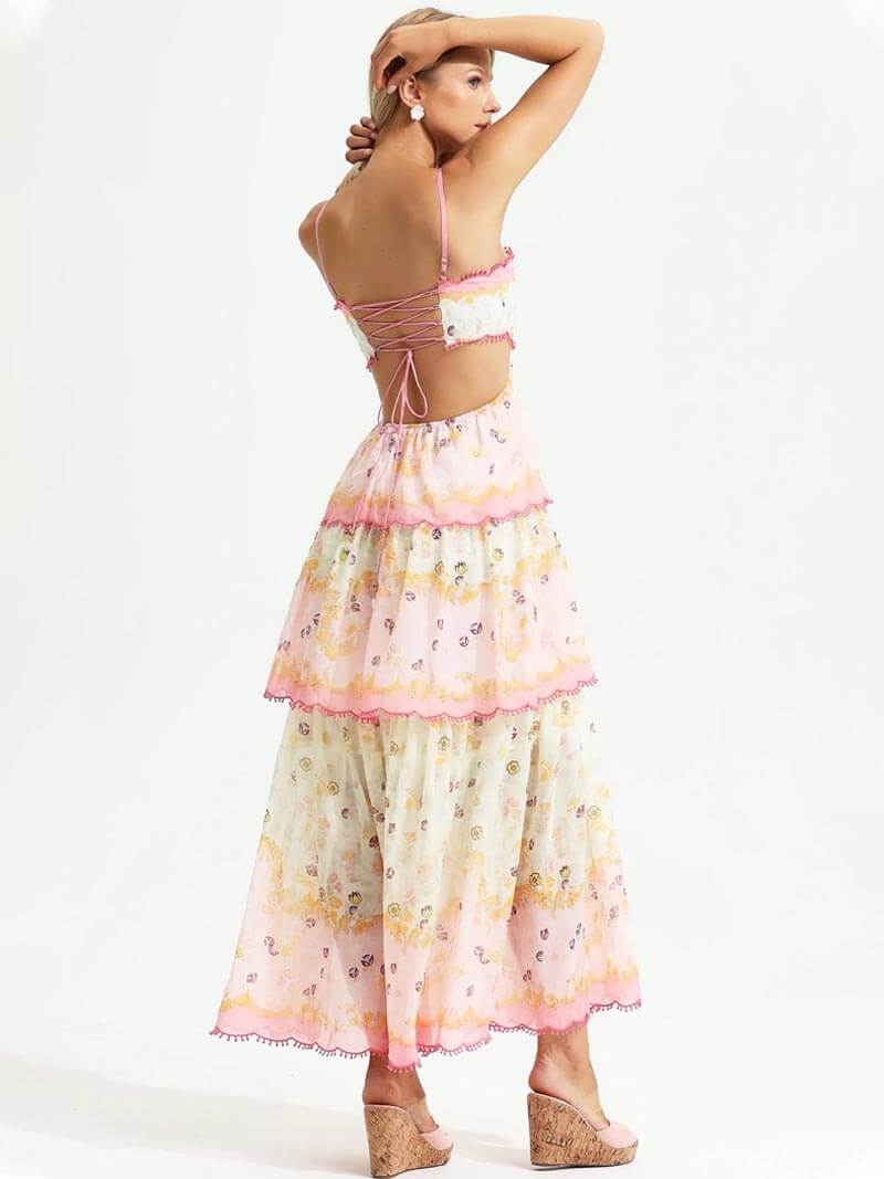 Women's lace detail maxi dress styled for a formal occasion