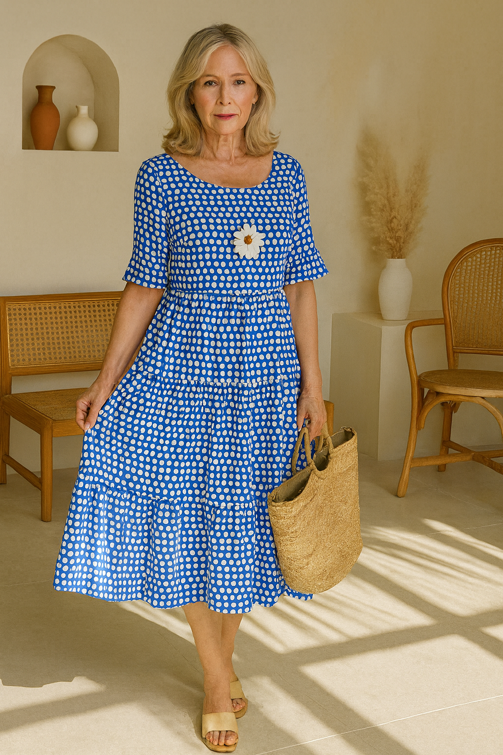 Women's blue midi dress with short sleeves and relaxed fit, midi length