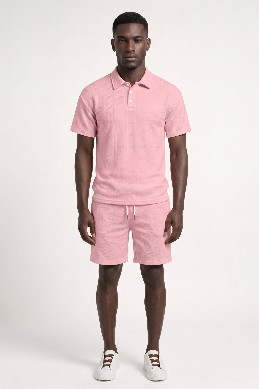Men's pink polo shirt and shorts two-piece set with elastic waistband shorts and button polo collar