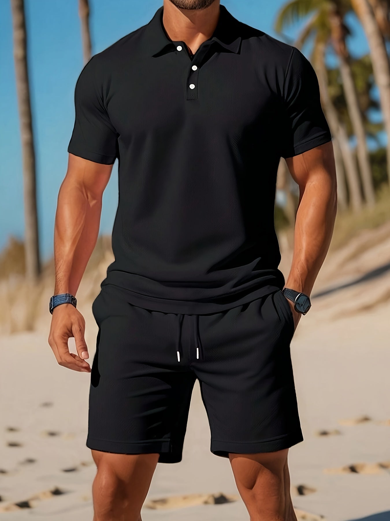 Polyester polo and shorts set designed for beach trips and casual occasions