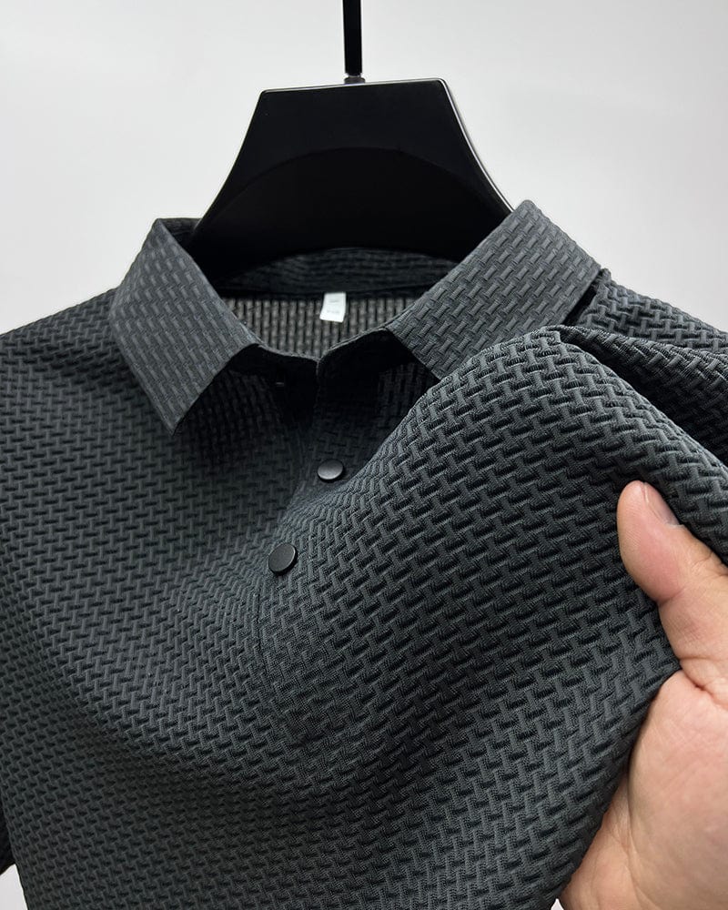 Men's slim fit polo shirt in grey with button collar and long sleeves