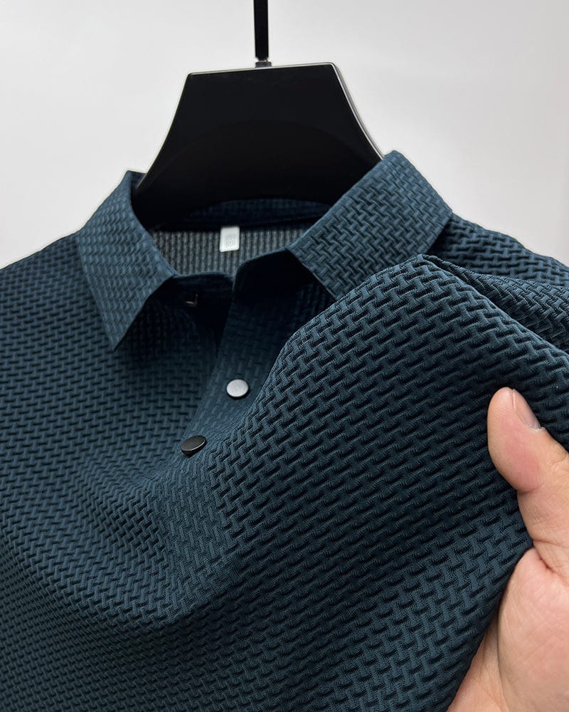 Men's slim fit polo shirt in beige with button collar and long sleeves