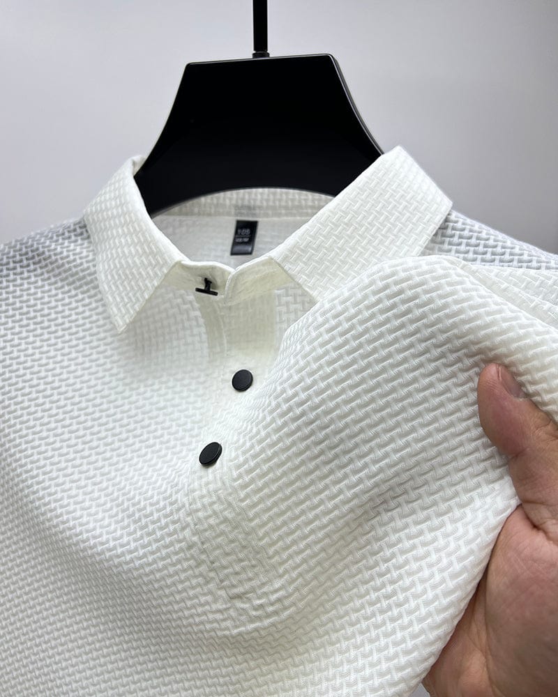 en's slim fit polo shirt in white with button collar and long sleeves
