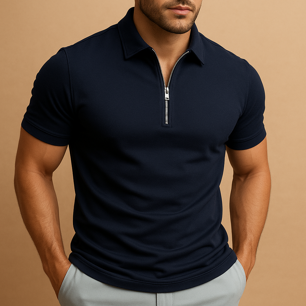 Men's slim fit navy blue polo shirt with zipper fastening and polo collar