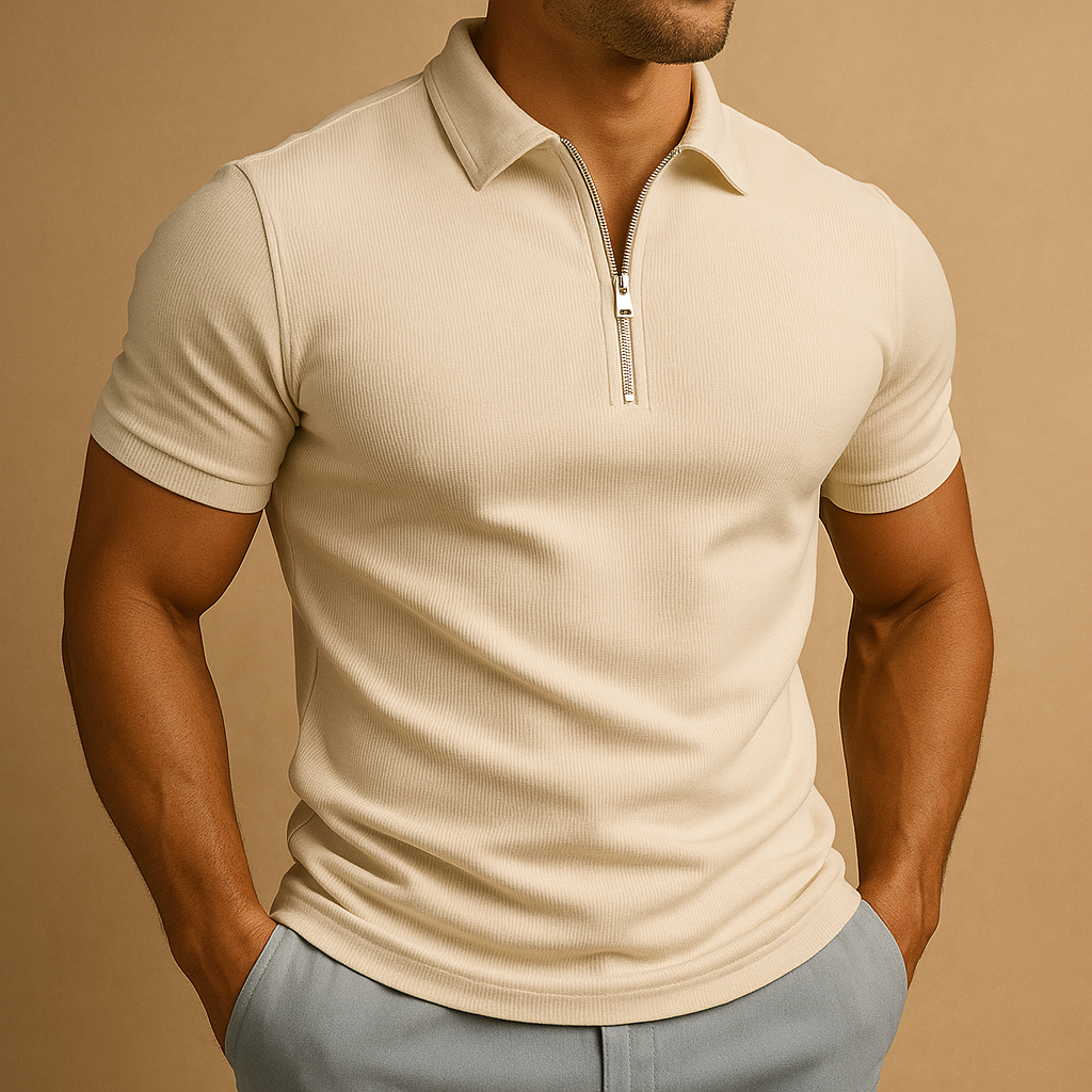 Men's slim fit khaki polo shirt with zipper closure and polo collar