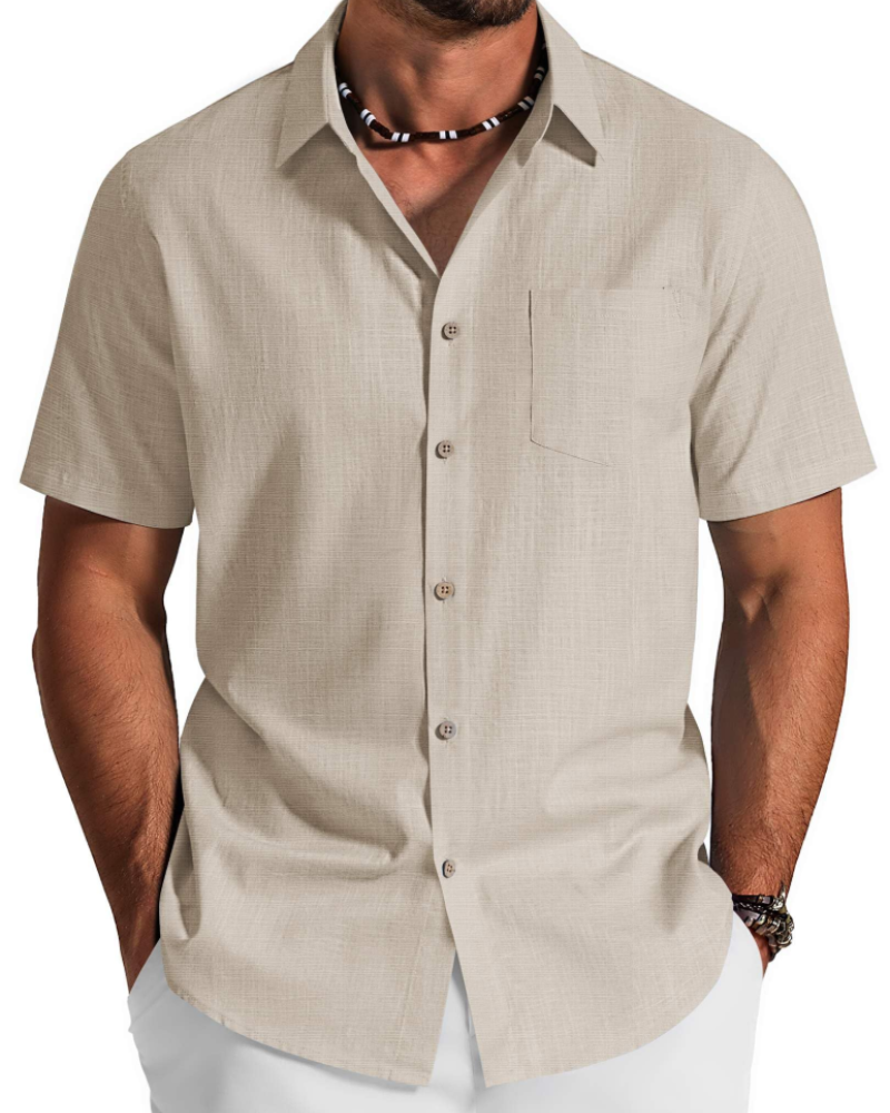 Men's textured cotton shirt with a regular fit and short sleeve design