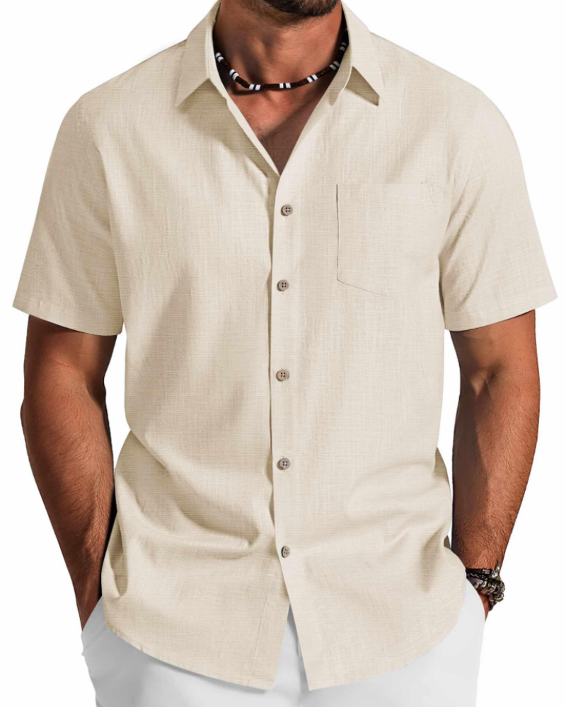 Men's short sleeve cotton shirt designed with a regular fit and textured fabric