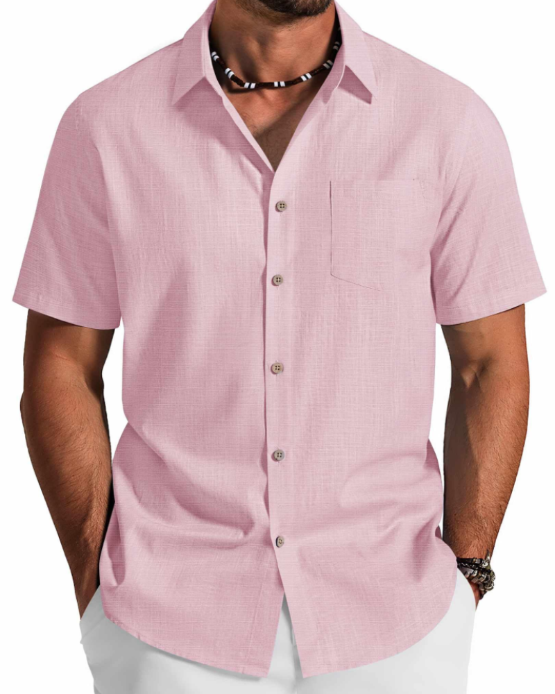 Men's cotton textured shirt featuring a button-front design and short sleeves for everyday summer wear
