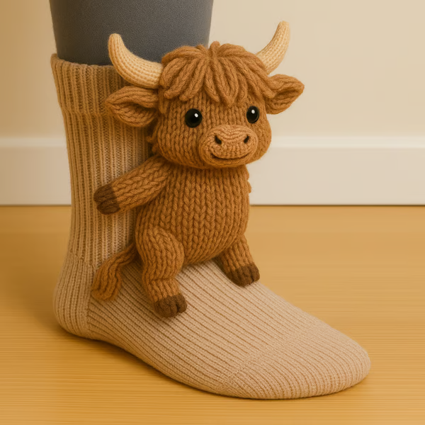 Ribbed cotton socks with sculptural animal character embellishment for women