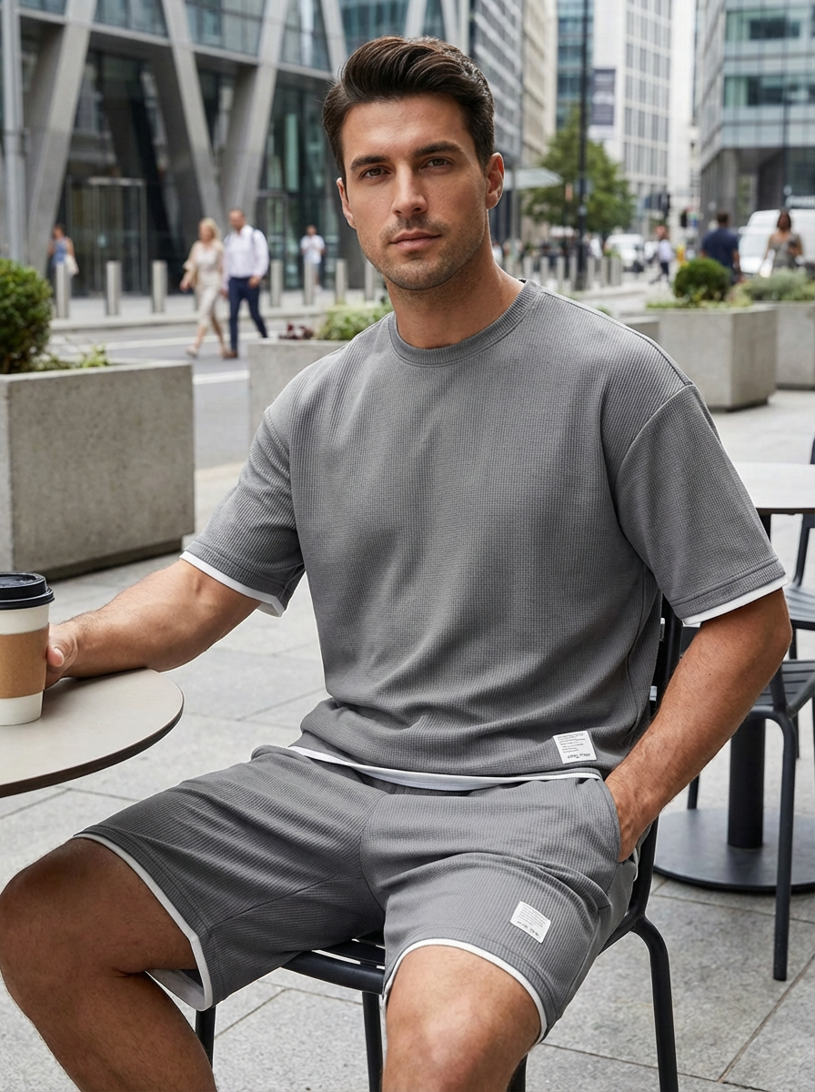 Men's slim fit T-shirt and shorts set in gray, casual summer two-piece outfit