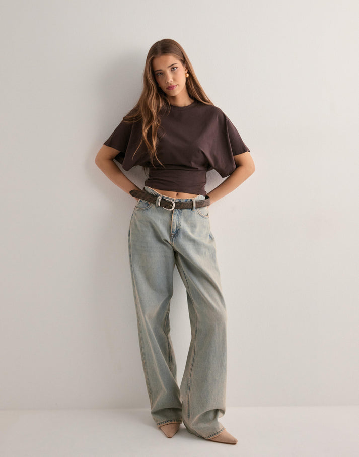 Women's relaxed fit wide sleeve graphic tee in brown — front view
