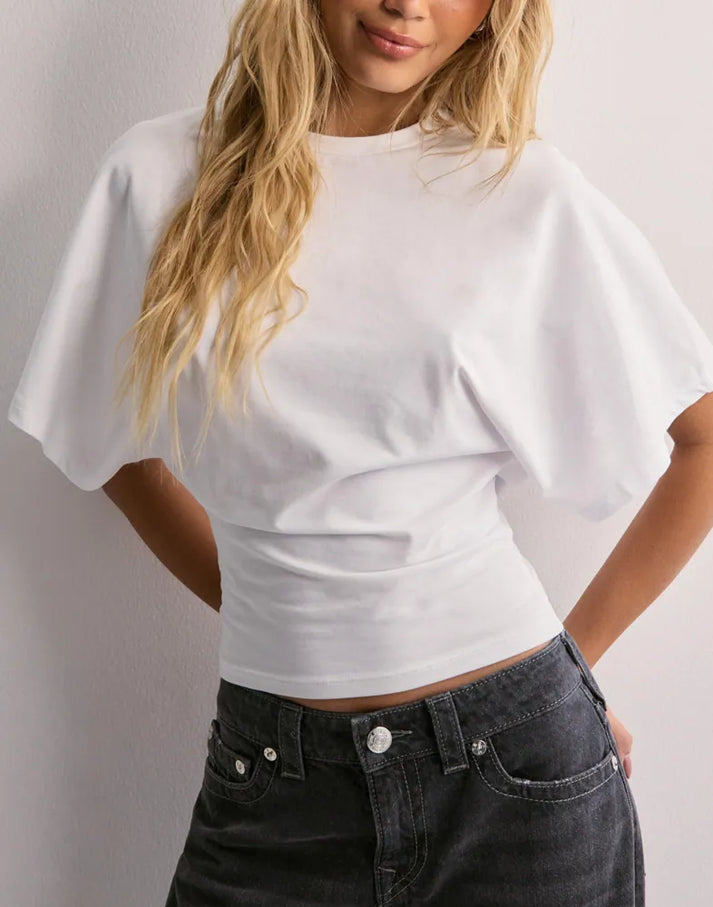 Women's relaxed fit wide sleeve graphic tee in WHITE— front view