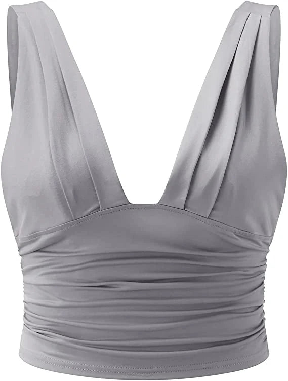 Women's gray sleeveless V-neck top — alternate angle, regular length