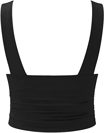 Women's black sleeveless V-neck top — detail view, regular length