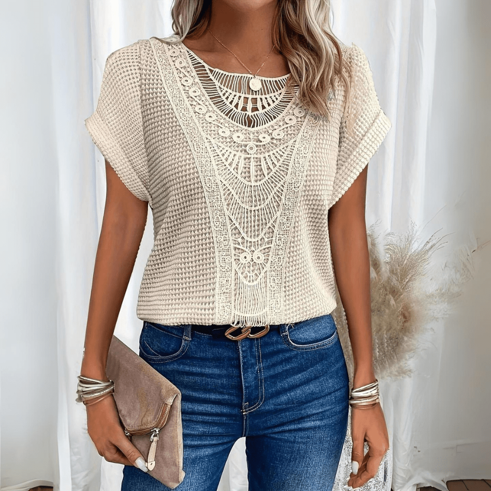 Women's relaxed fit printed top in beige, available in sizes S to 2XL