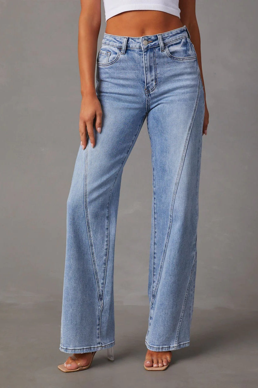 Denim wide leg jeans with high waist and relaxed fit for women