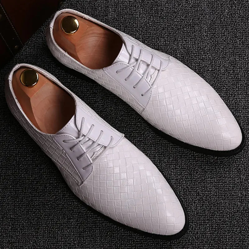 leather lace-up dress shoe with textured surface three-quarter angle