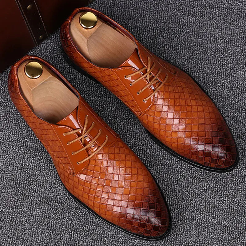leather lace-up oxford shoe with embossed texture front angled view