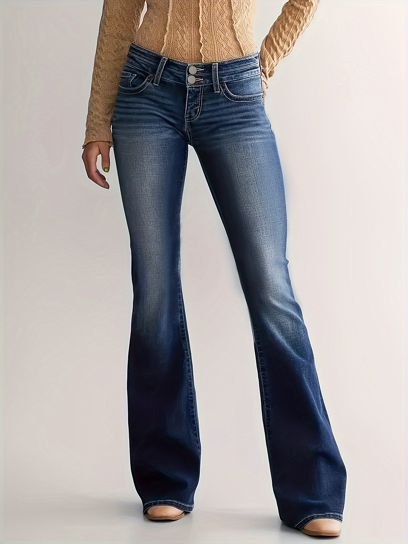 Denim flared jeans with belt loops and button fly