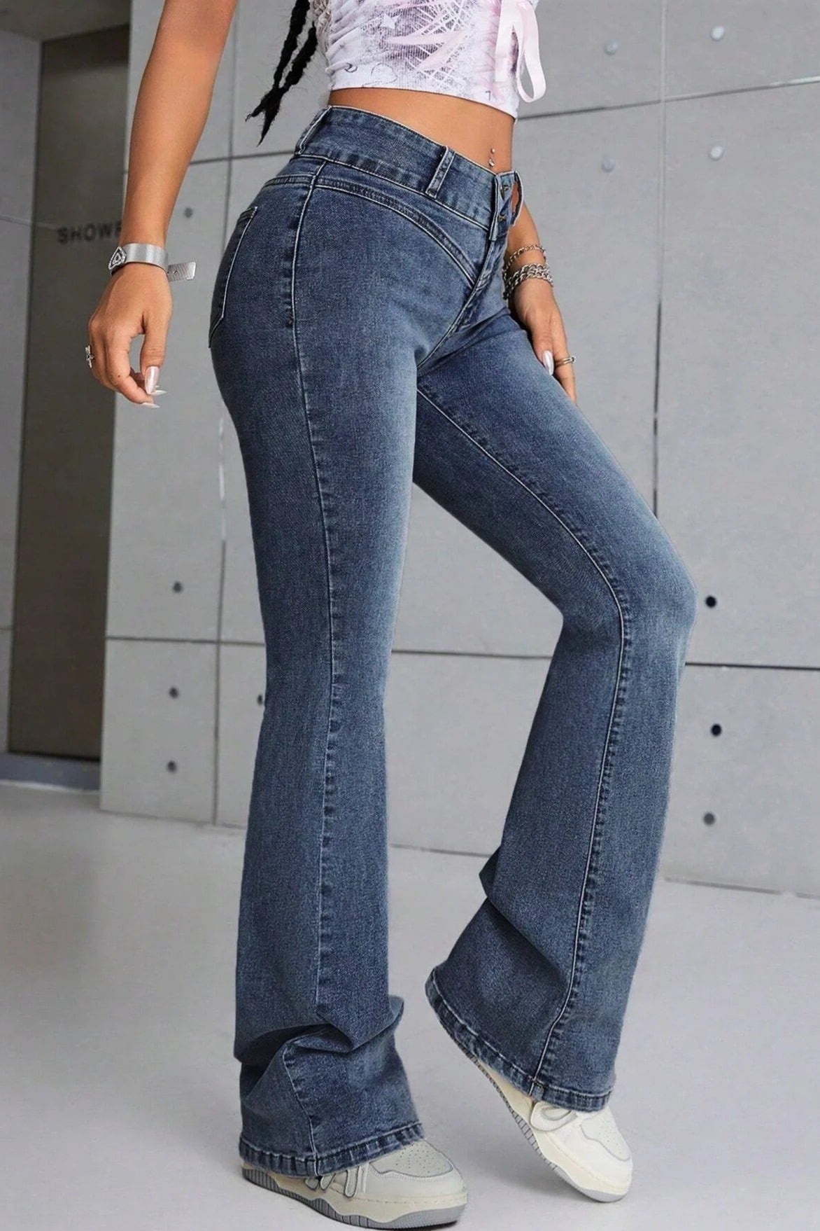 Denim trousers back detail with flare slim fit women's wear