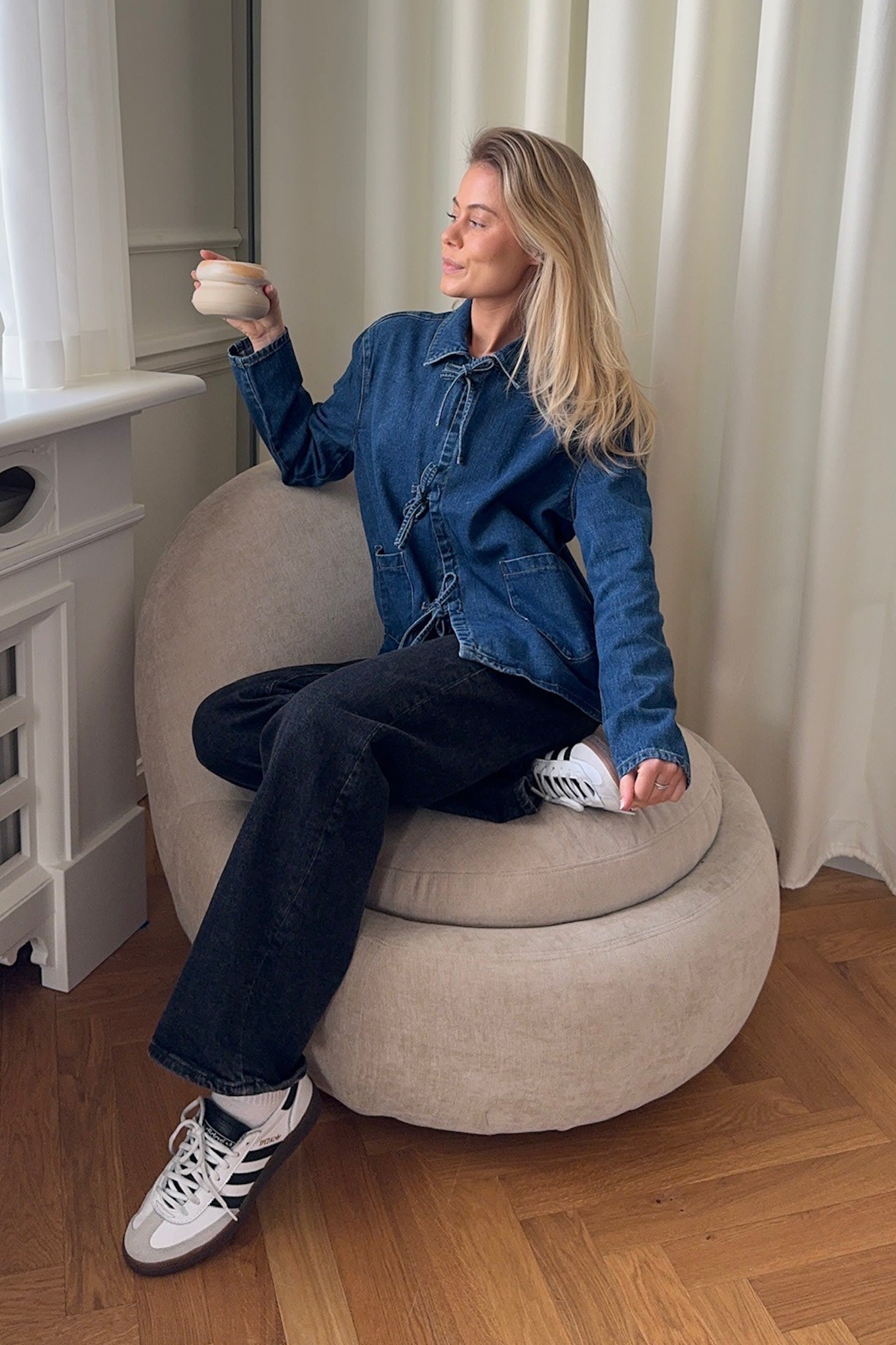 Relaxed fit women's denim jacket with tie waist detail, casual everyday style