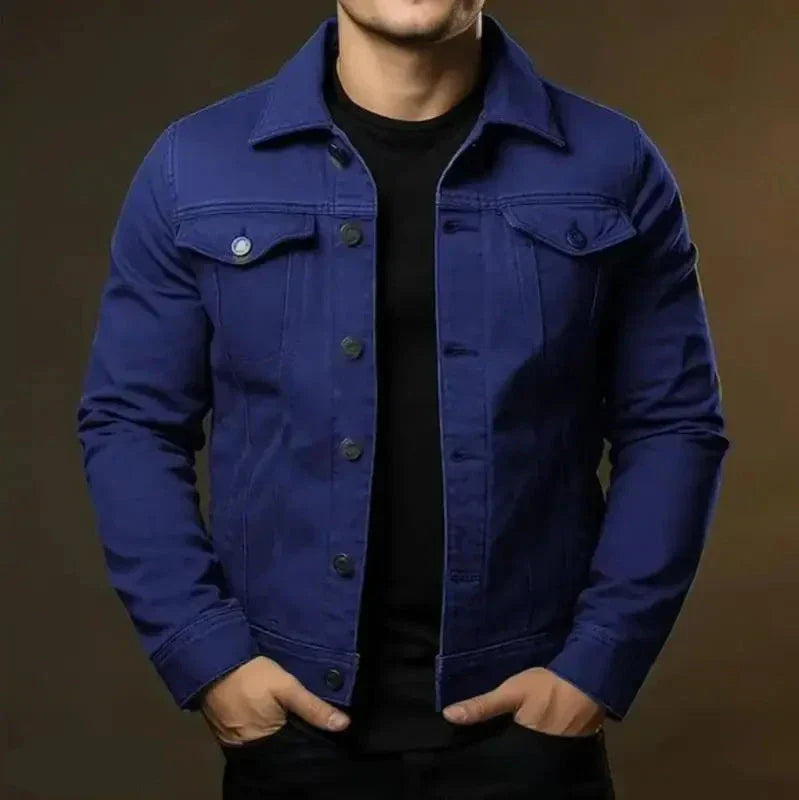 denim jacket with structured silhouette shown in full view