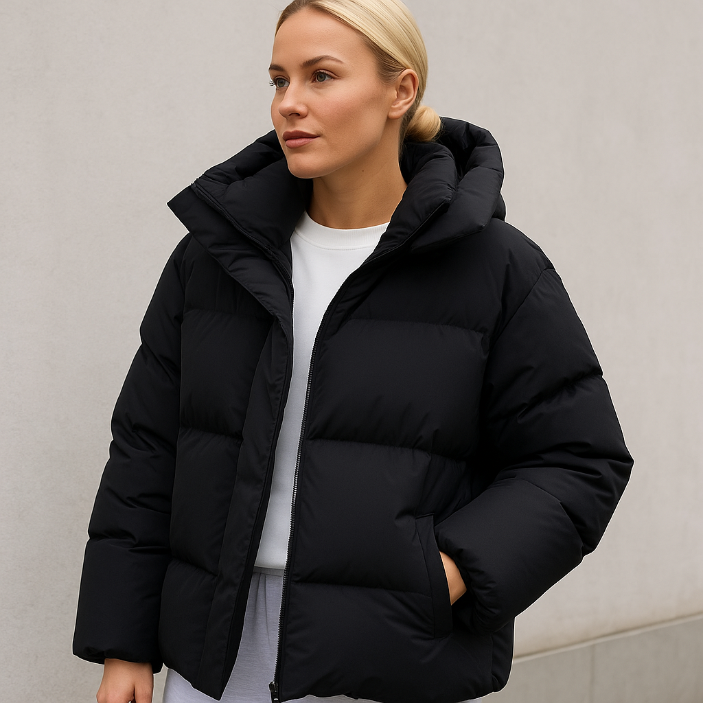 womens hooded puffer coat with side slip pockets shown from front
