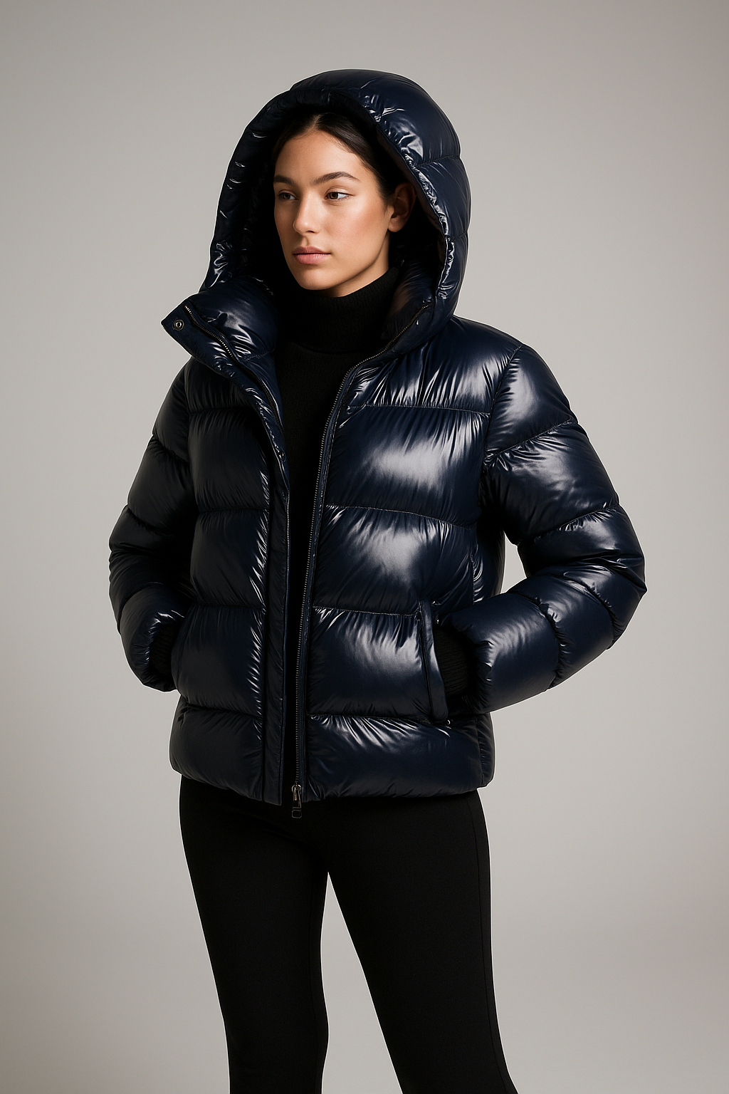 hooded winter jacket with quilted padding displayed at three quarter angle