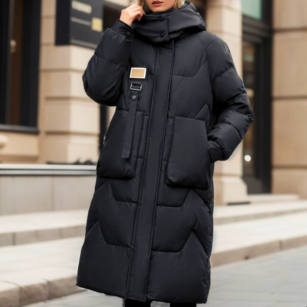 cotton blend hooded puffer coat with quilted texture and full length design shown from front view