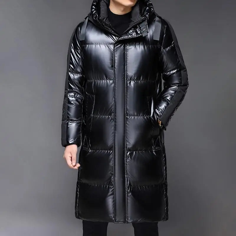 Down jacket shown from side angle with hood detail