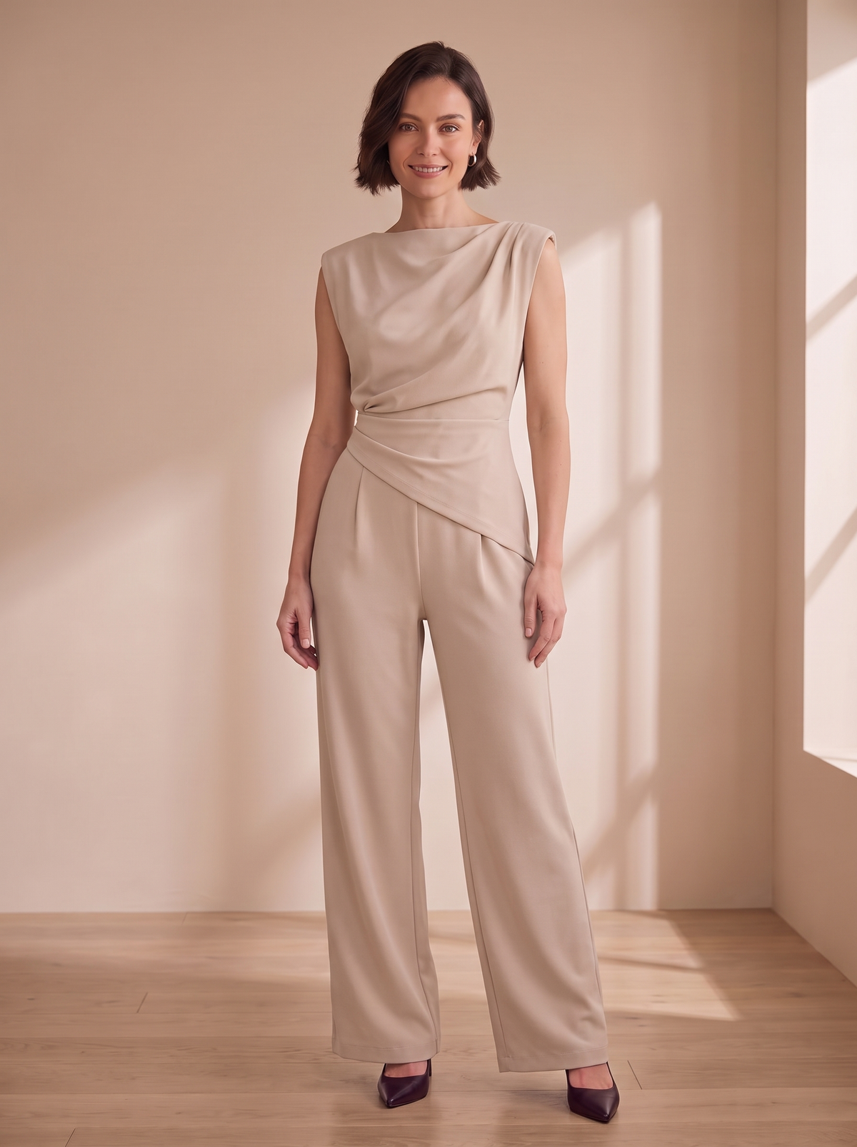 Draped top and wide leg pants set