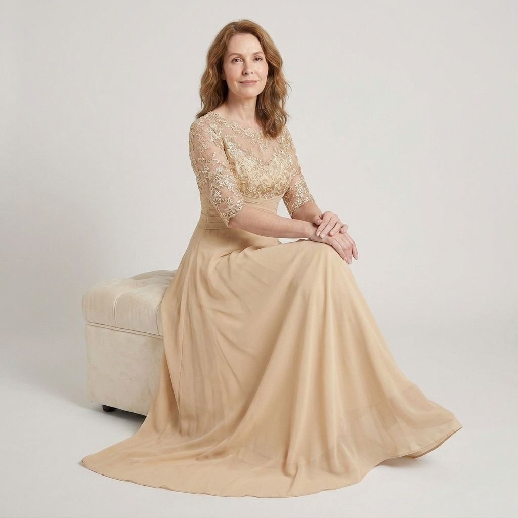 Women's occasion dress with a flowing chiffon-style overlay and comfortable A-line fit