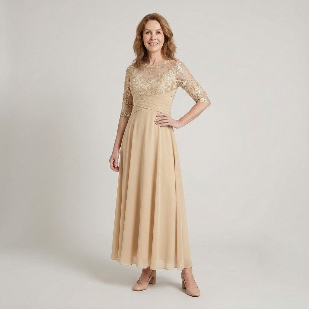 Elegant evening dress with 3/4 sleeves and a flowing A-line silhouette for special events