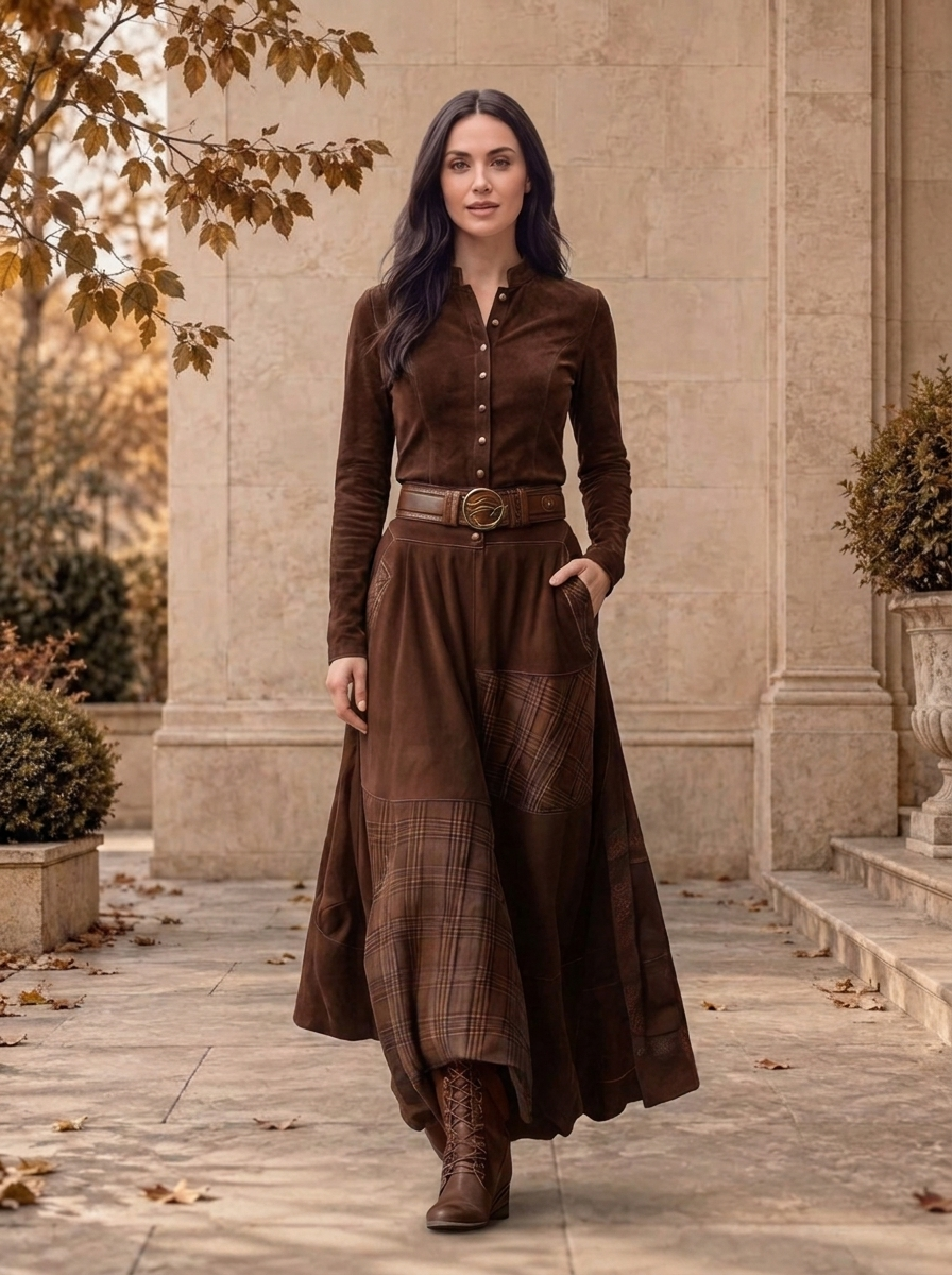 Women's long sleeve suede maxi dress