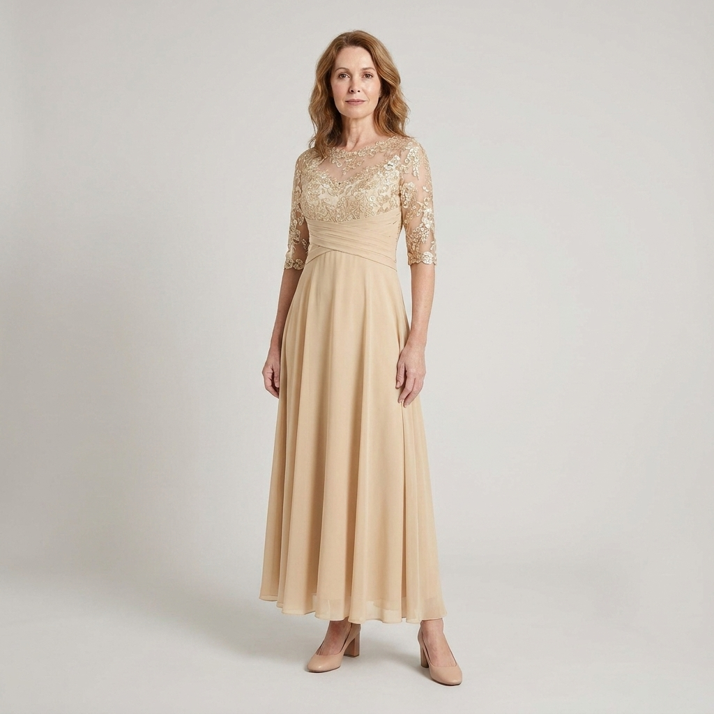 Women's formal dress designed with delicate lace detailing and a lightweight flowing skirt