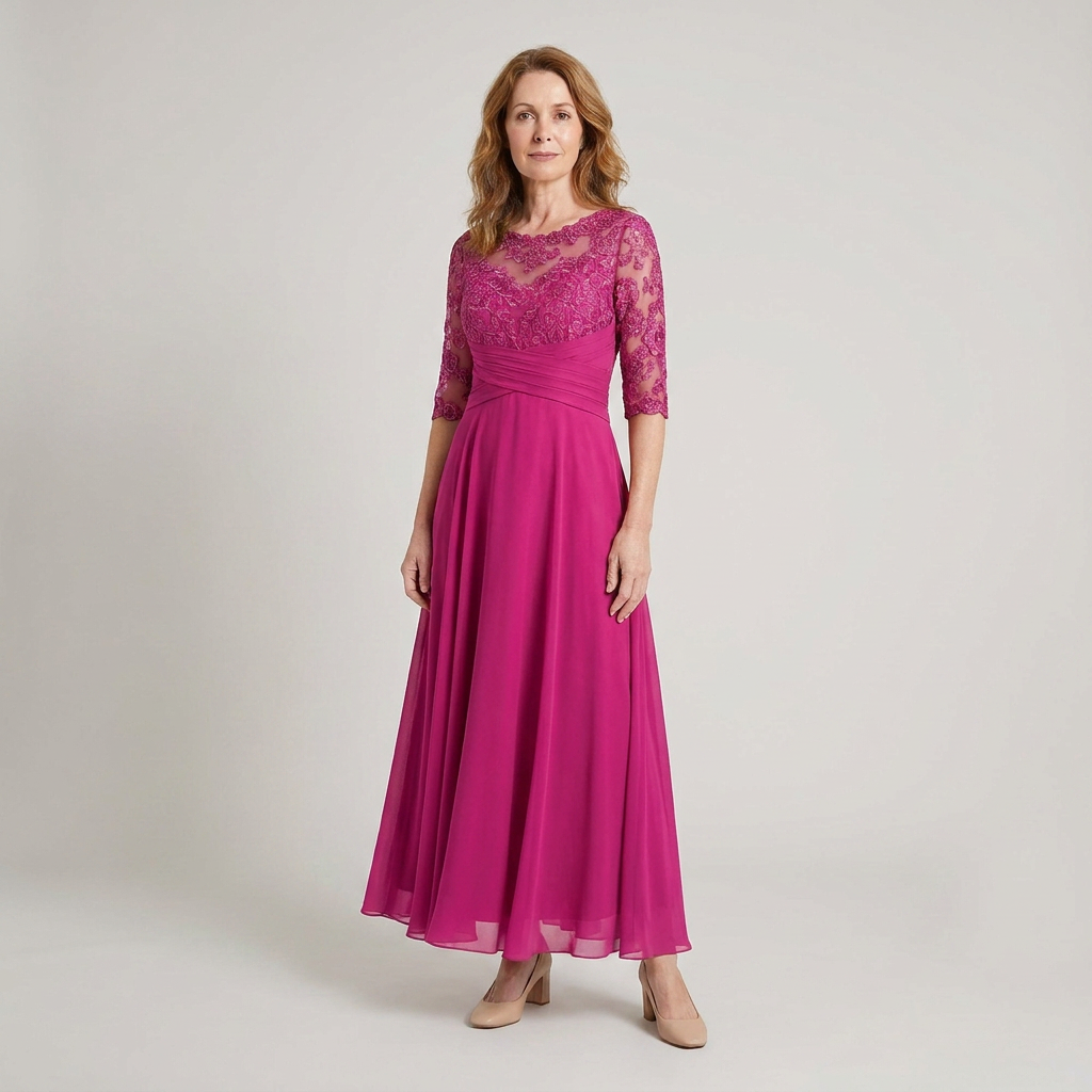 Women's evening dress with a round neckline and flowing skirt for timeless style