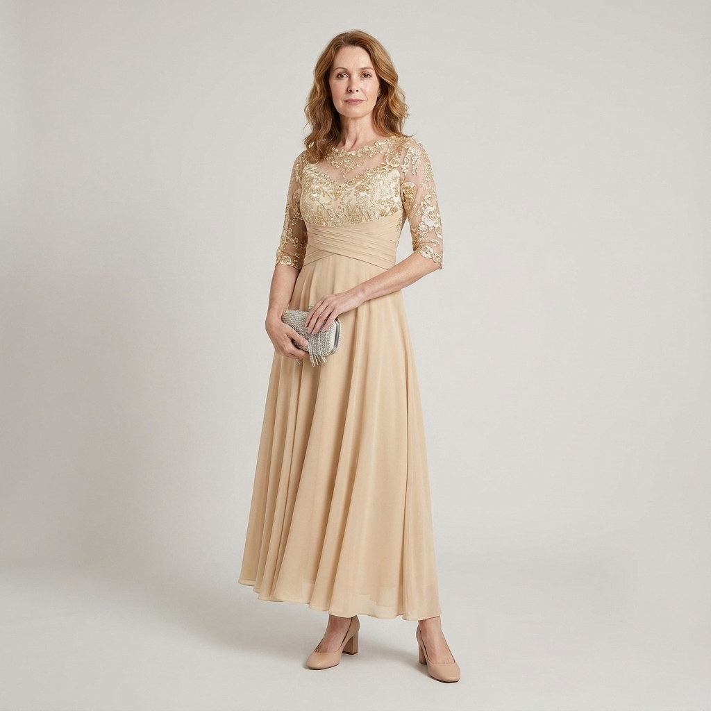 Women's A-line evening dress featuring a lace bodice and flowing chiffon-style overlay for formal occasions