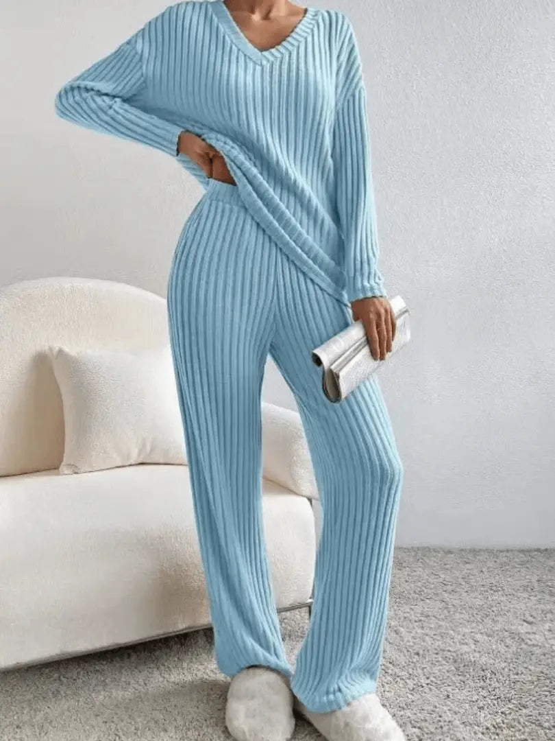 ribbed knit lounge set with long sleeve top and matching trousers front view