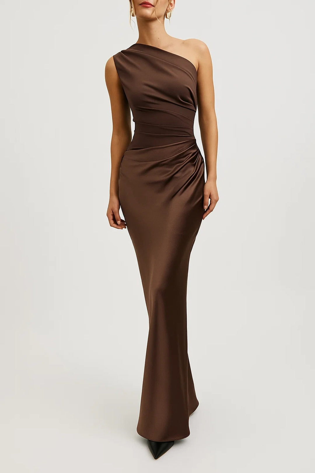 Women's brown asymmetrical maxi dress with fitted silhouette – front view