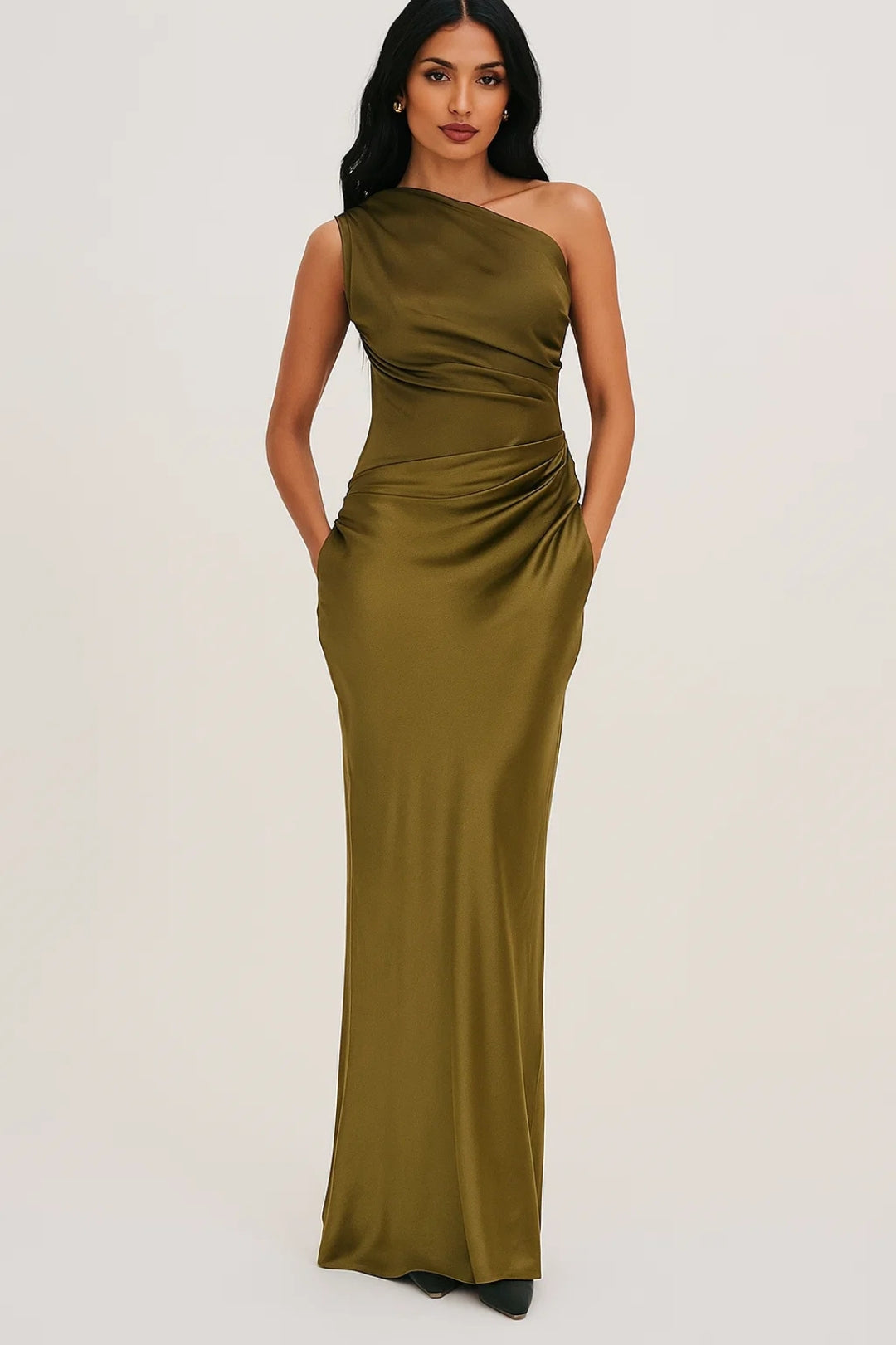 Women's olive green asymmetrical maxi dress with fitted body – front view