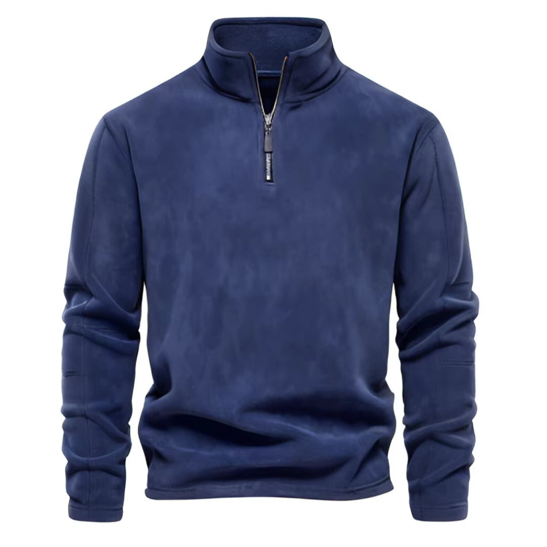 Fleece sweatshirt featuring half-zip closure and comfortable casual fit