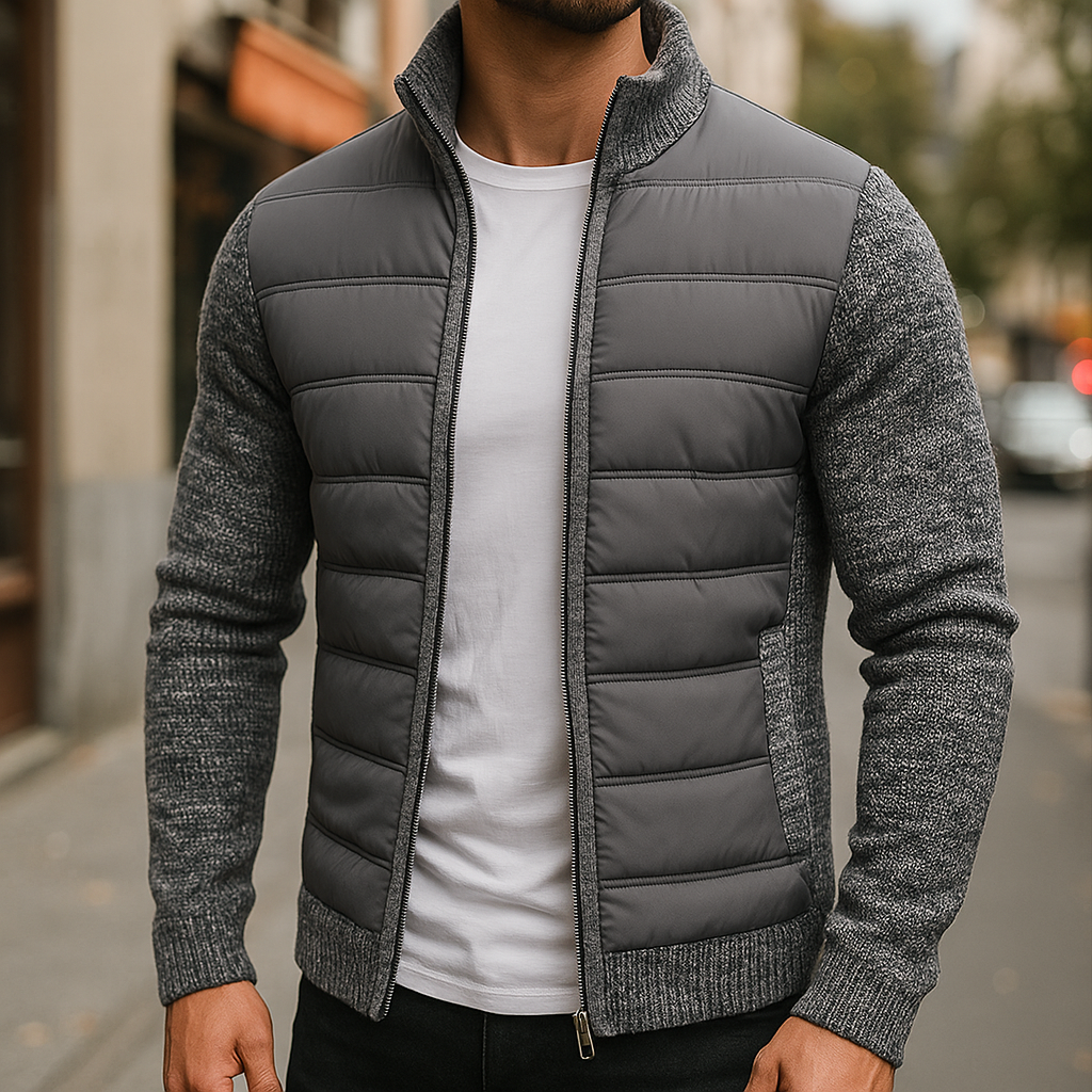 Men's dark grey fleece puffer jacket with zip fastening, regular fit