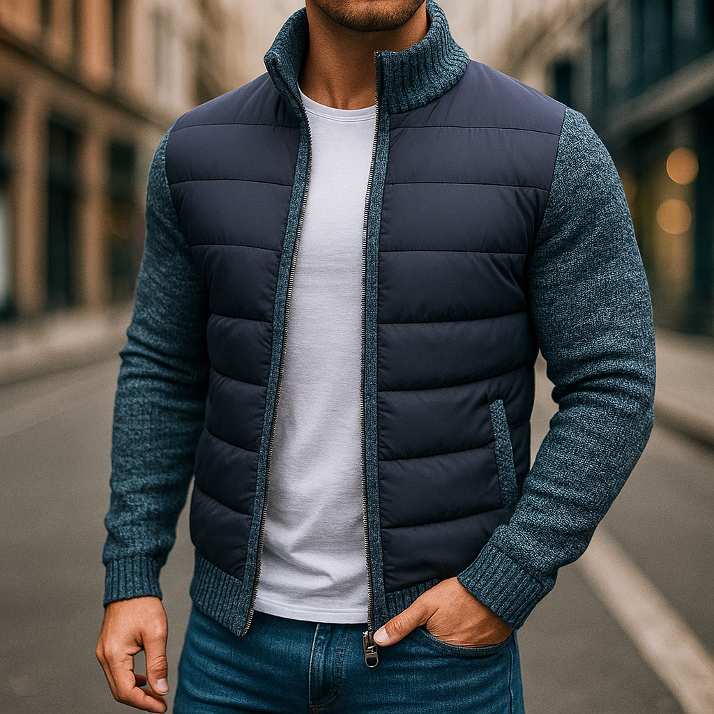 Men's navy blue fleece puffer jacket with zip fastening, casual wear