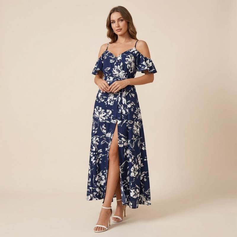 Front view of floral off shoulder wrap maxi dress for women