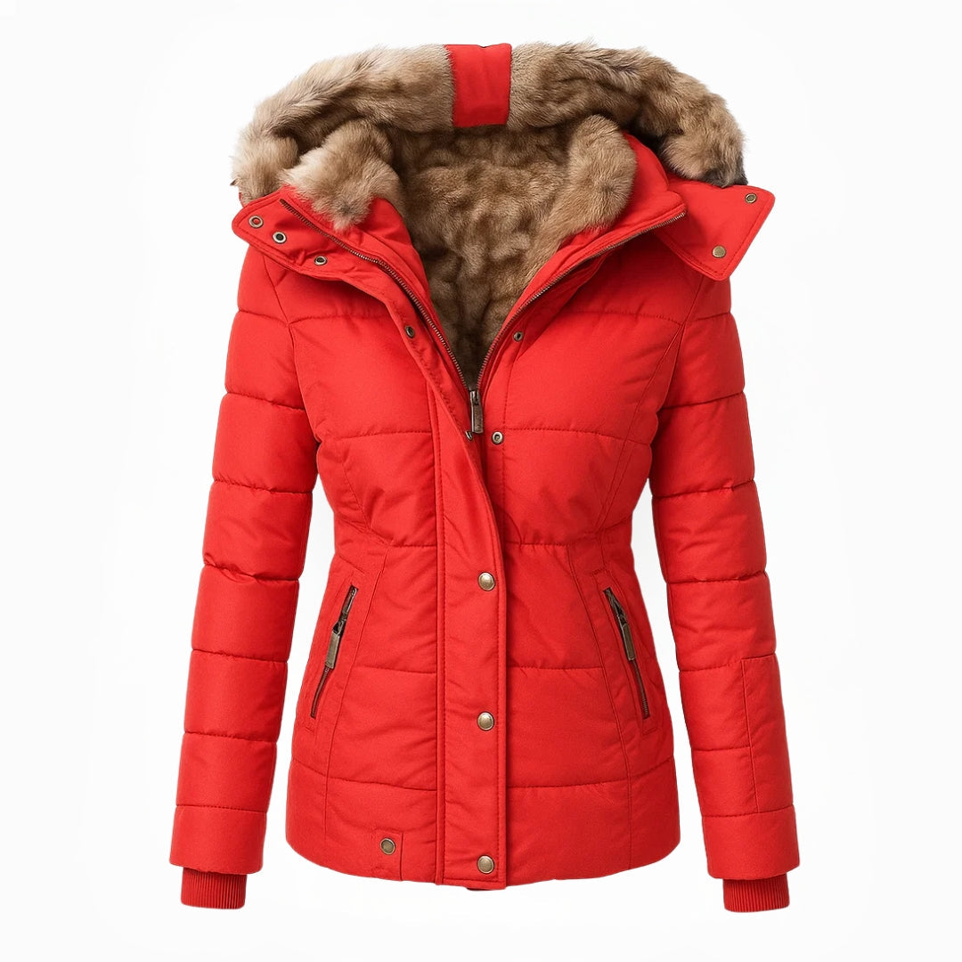 Insulated winter coat with fur trim hooded design for women