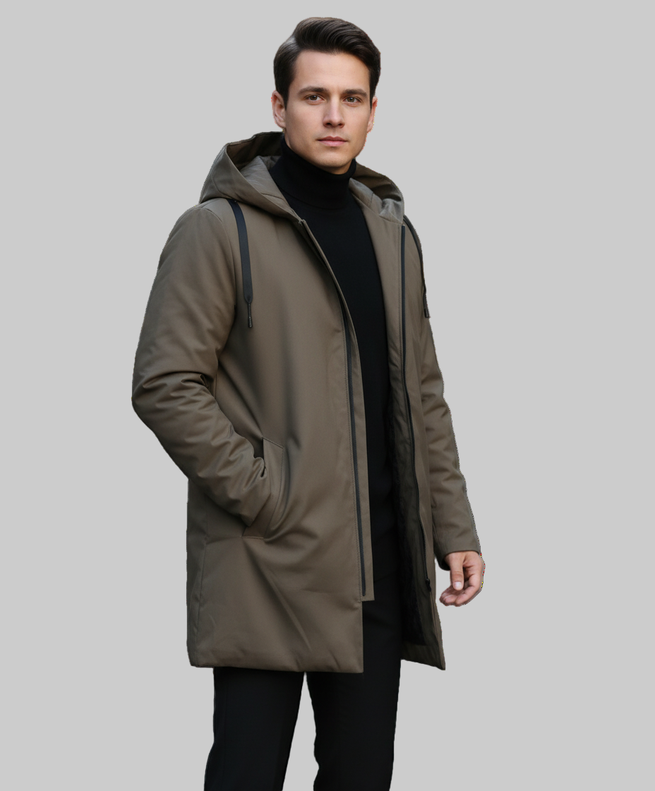 Polyester insulated parka with integrated hood and zip fastening for men
