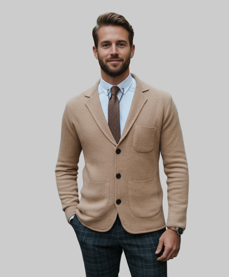 smart casual blazer in knitted material with lapel collar and button detail